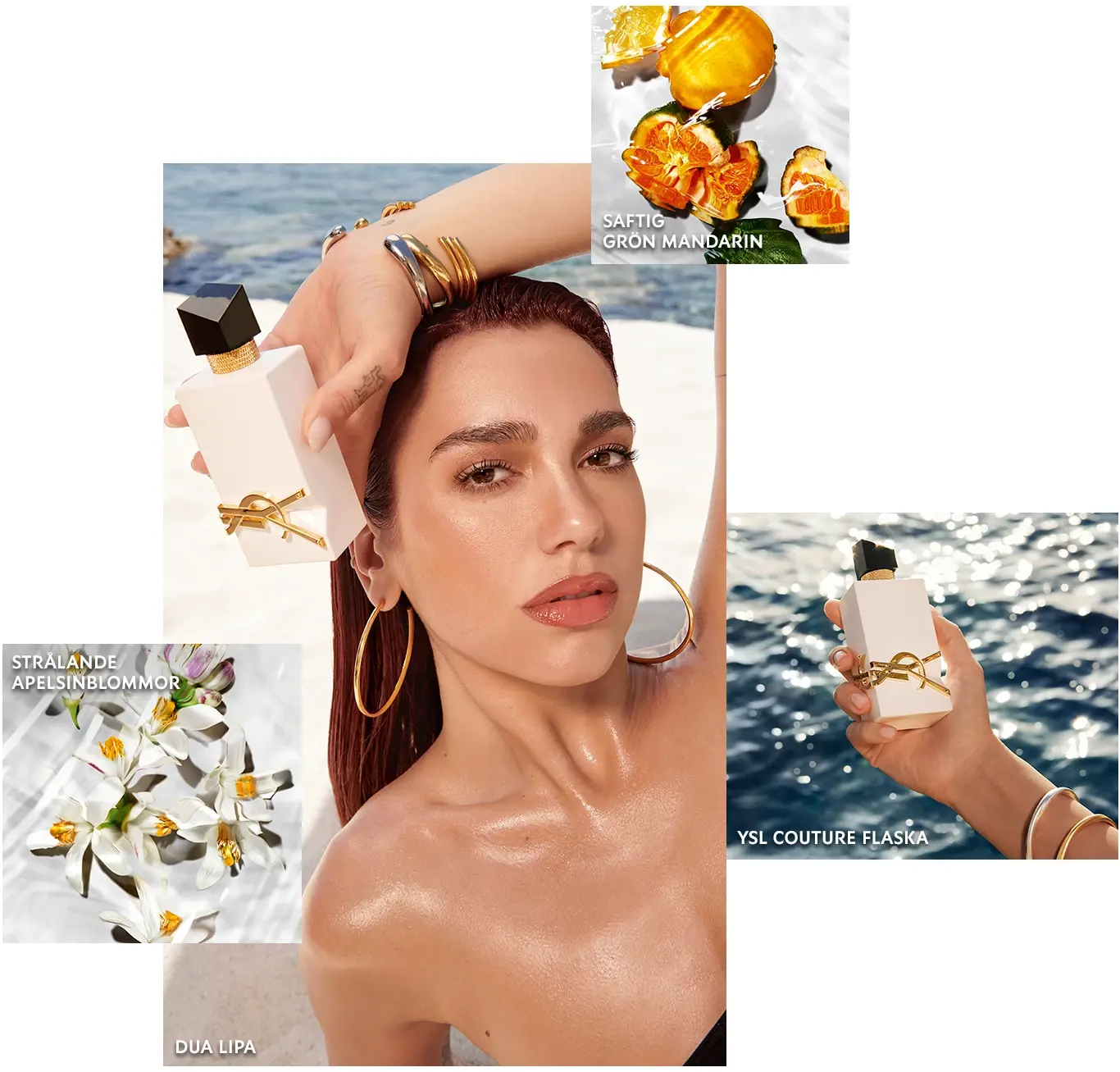 En mood board med fyra bilder. Huvudbilden är av Dua Lipa som håller en YSL Libre parfym. Runtom henne är det tre mindre bilder av YSL Libre parfymen, apelsinblommor och en grön mandarin under vatten.