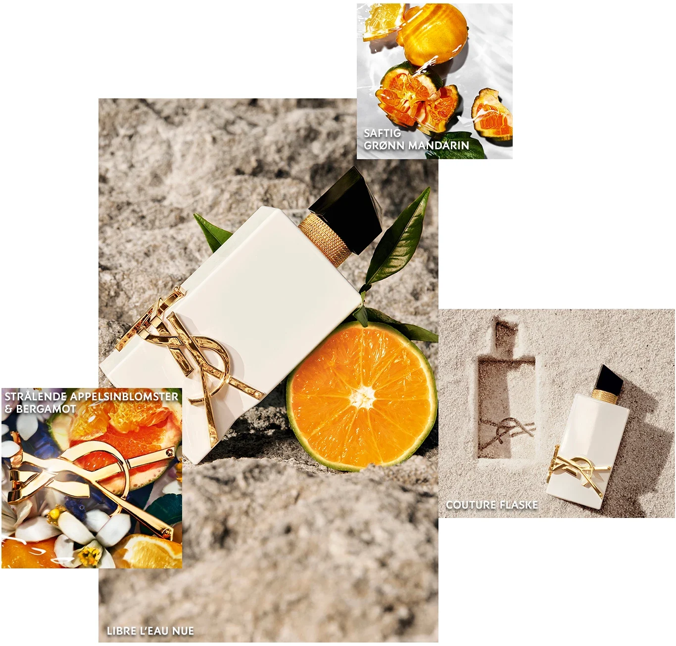 En mood board med fire bilder. Hovedbildet er av en hvit YSL Libre parfyme. Rundt dette er det tre mindre bilder av YSL Libre parfymen, appelsinblomster og en grønn mandarin under vann.