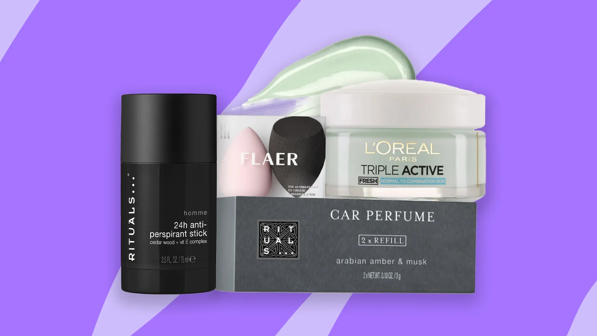 Rituals antiperspirantti, FLAER meikkisieni, L'Oréal kasvovoide ja Rituals autotuoksu.