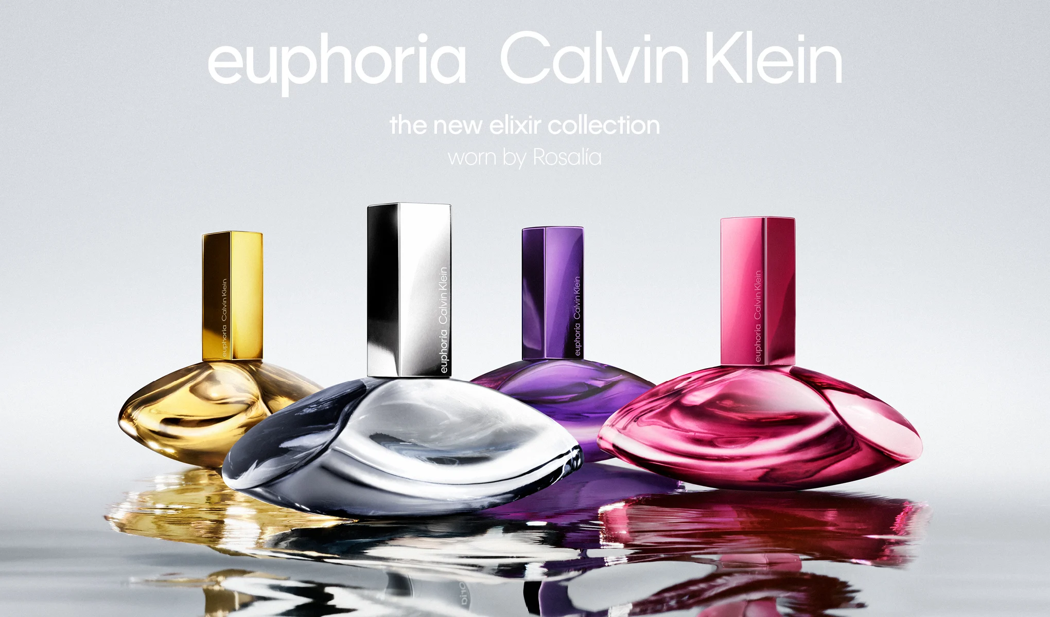 Fire Calvin Klein Euphoria-parfymeflasker i ulike farger. Tekst: «Euphoria Calvin Klein. The new elixir collection. Worn by Rosalía.»
