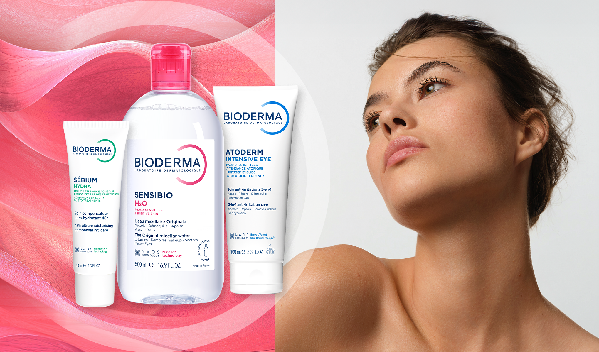 Bioderma hudvårdsprodukter (Sébium, Sensibio H2O och Atoderm Intensive Eye) tillsammans med porträtt av kvinna mot rosa bakgrund.