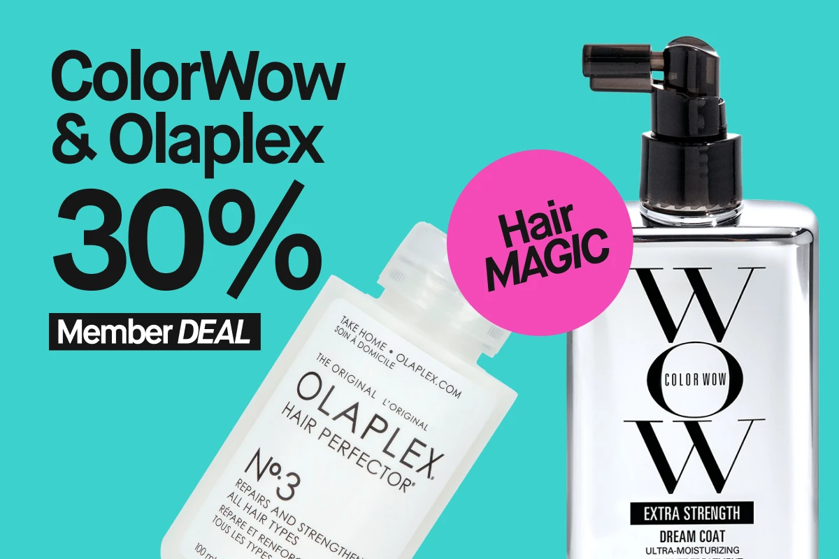 Två hårvårdsprodukter, en flaska med spray och en vit flaska med texten 'Olaplex', med texten '30% Member Deal'.