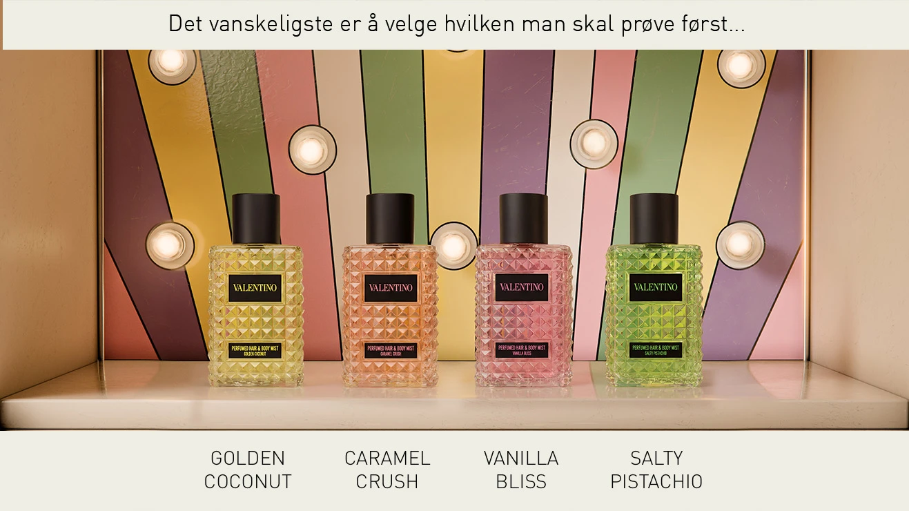 Fire Valentino Hair & Body Mists i duftene Golden Coconut, Caramel Crush, Vanilla Bliss og Salty Pistachio står foran en fargerik bakgrunn med lys og pastellstriper. Teksten “Det svåraste är att välja vilken man ska prova först…” vises øverst sammen med produktnavnene nederst i bildet.