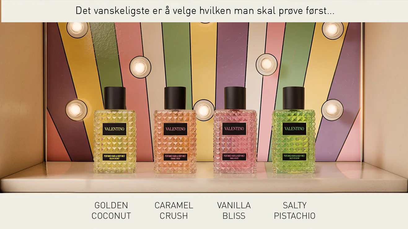 Fire Valentino Hair & Body Mists i duftene Golden Coconut, Caramel Crush, Vanilla Bliss og Salty Pistachio står foran en fargerik bakgrunn med lys og pastellstriper. Teksten “Det svåraste är att välja vilken man ska prova först…” vises øverst sammen med produktnavnene nederst i bildet.