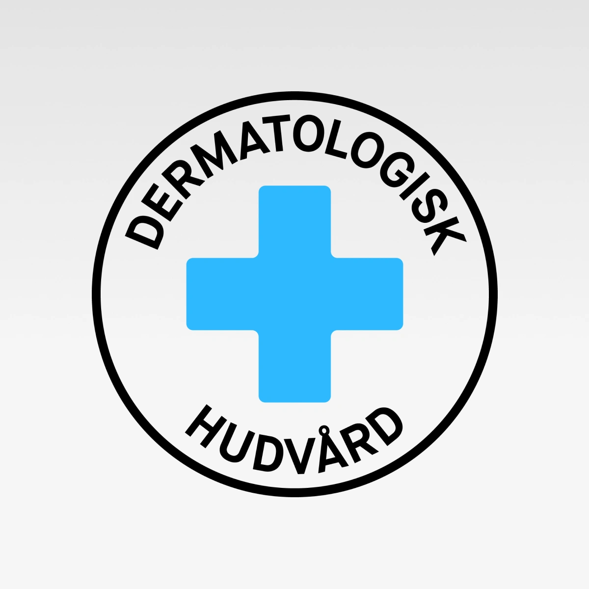 Rund symbol med blått kors och texten “DERMATOLOGISK HUDVÅRD” i svart.