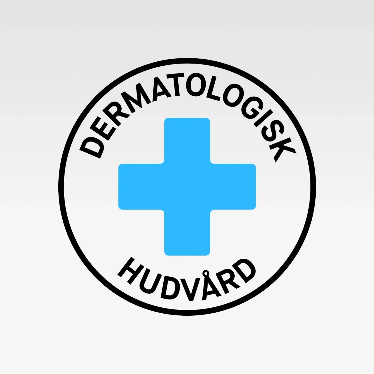 Rund symbol med blått kors och texten “DERMATOLOGISK HUDVÅRD” i svart.