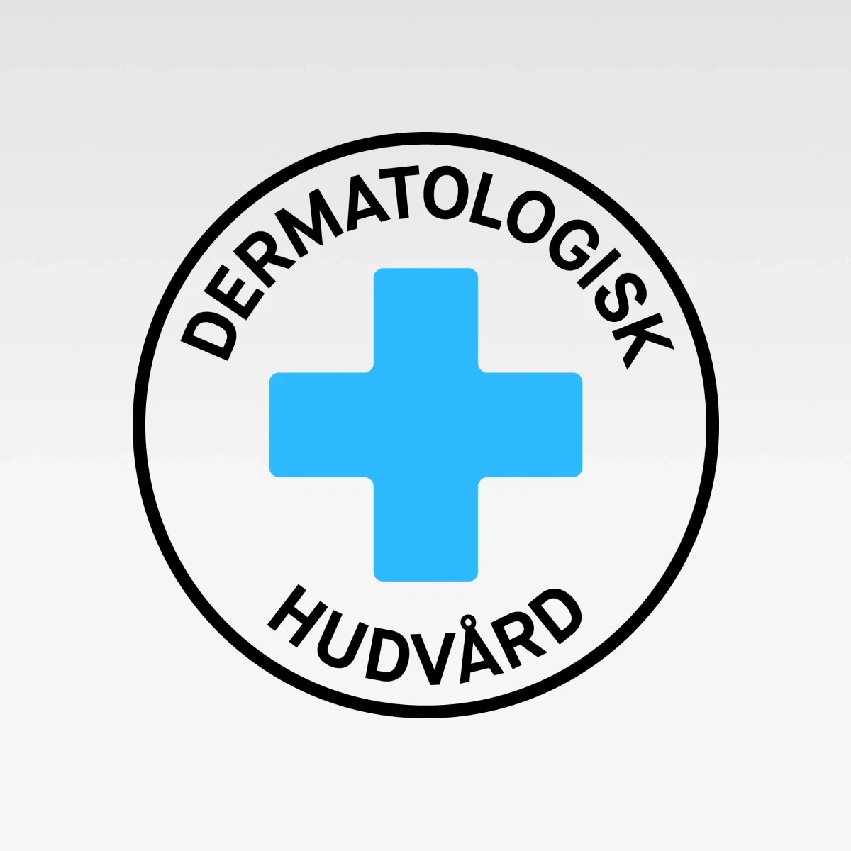 Rund symbol med blått kors och texten “DERMATOLOGISK HUDVÅRD” i svart.