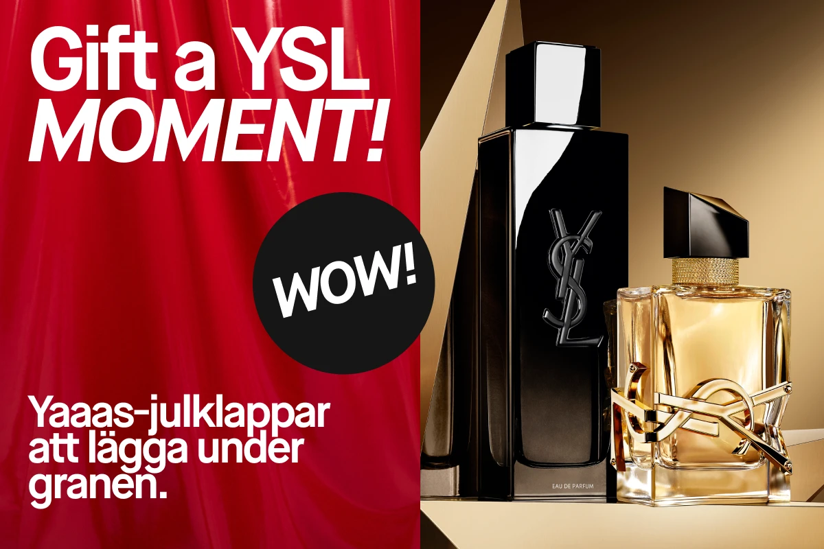 Lyxiga YSL-parfymer i svart och guld mot en elegant bakgrund, tillsammans med röd text om julklappstips – en kampanjbild för exklusiva gåvor från Yves Saint Laurent.