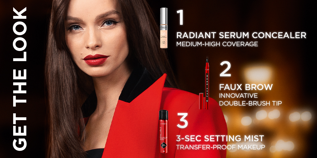 "Get the look"-annons med tre L'Oréal Paris-produkter och en modell.