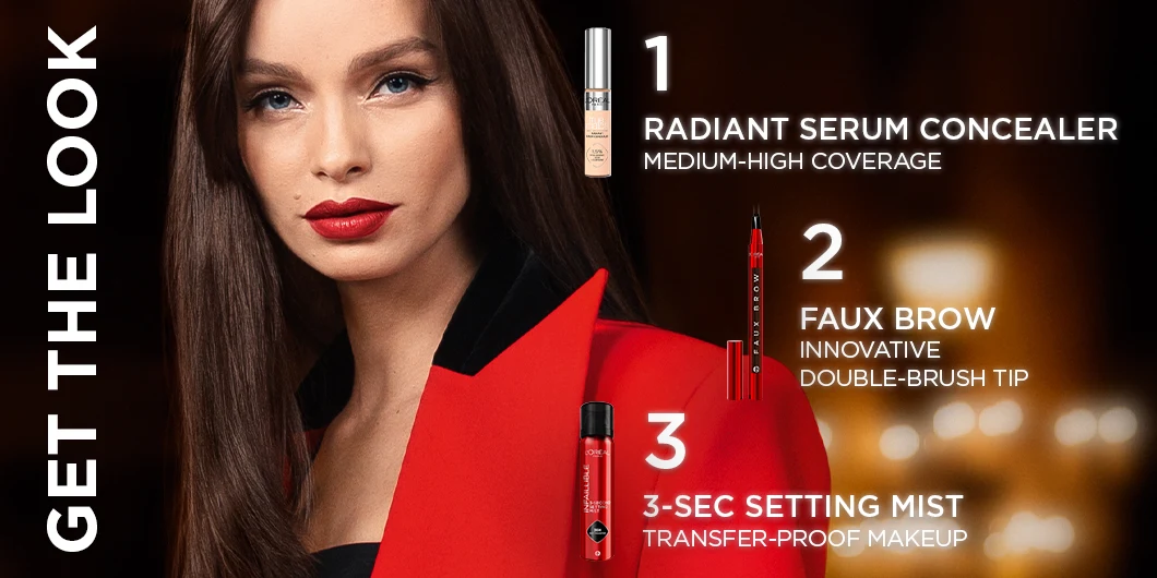 "Get the look"-annons med tre L'Oréal Paris-produkter och en modell.