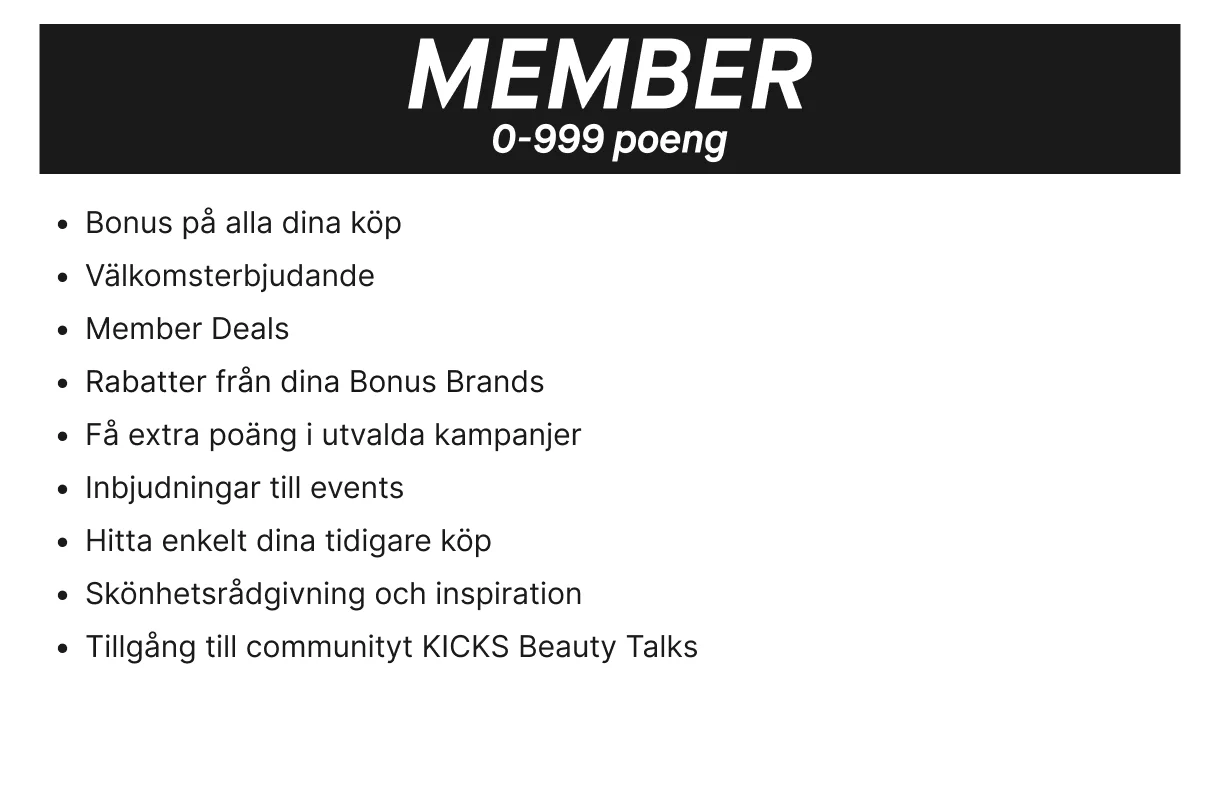 Översikt över medlemsnivåerna Member, Silver och Gold med poänggränser och tillhörande medlemsförmåner.