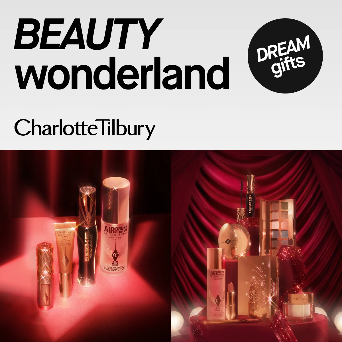 Charlotte Tilbury 'Beauty Wonderland' reklame: 'Dream Gifts', sminkeprodukter som mascara og setting spray.