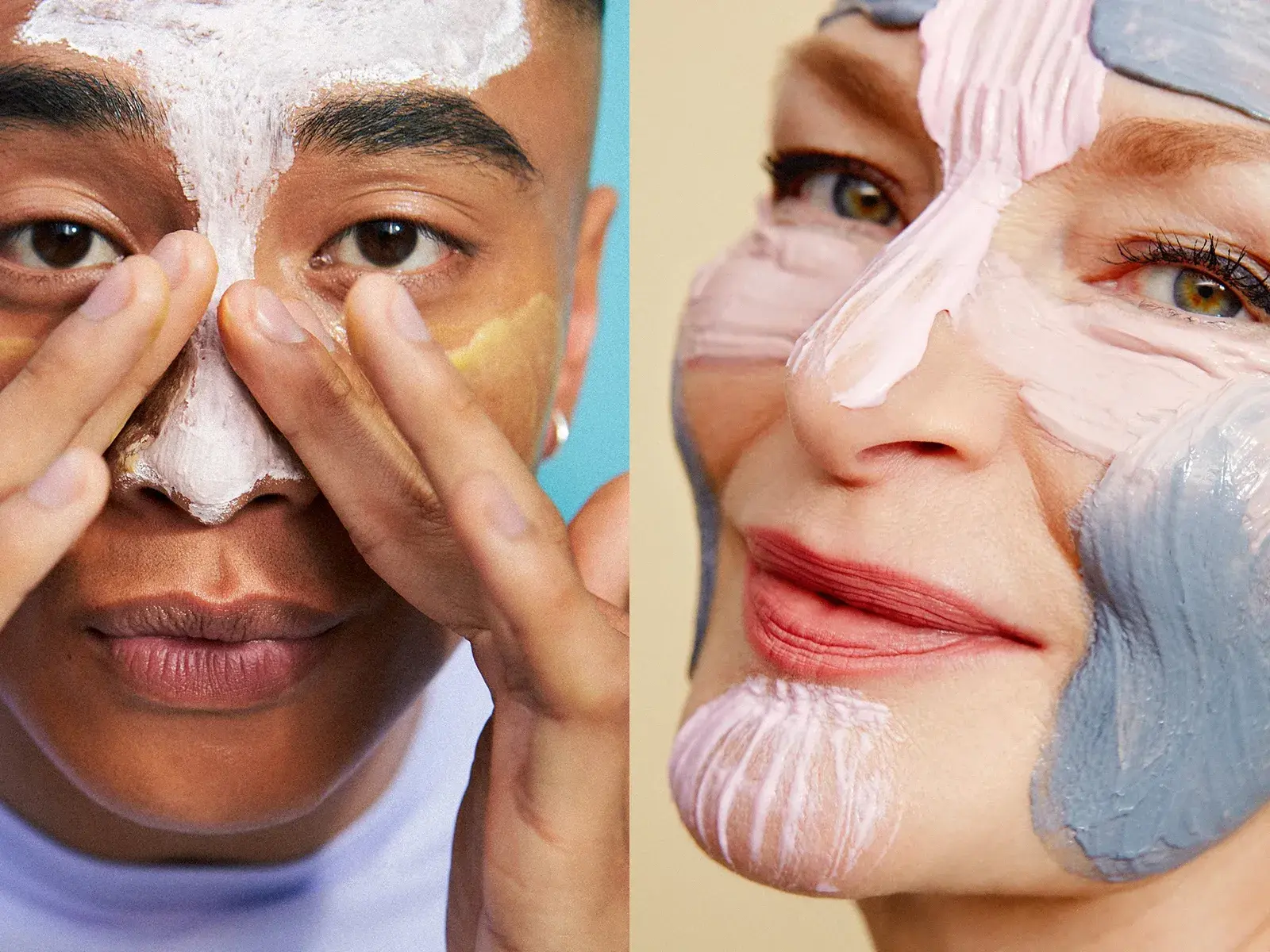 Två personer applicerar färgglada ansiktsmasker i olika områden av ansiktet, vilket antyder multimasking.