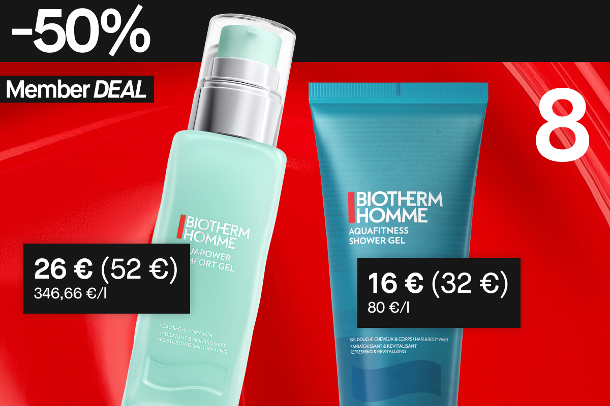 50 % alennus näistä kahdesta Biotherm Homme-tuotteesta jäsenille: Aquapower Gel ja Aquafitness Shower Gel.