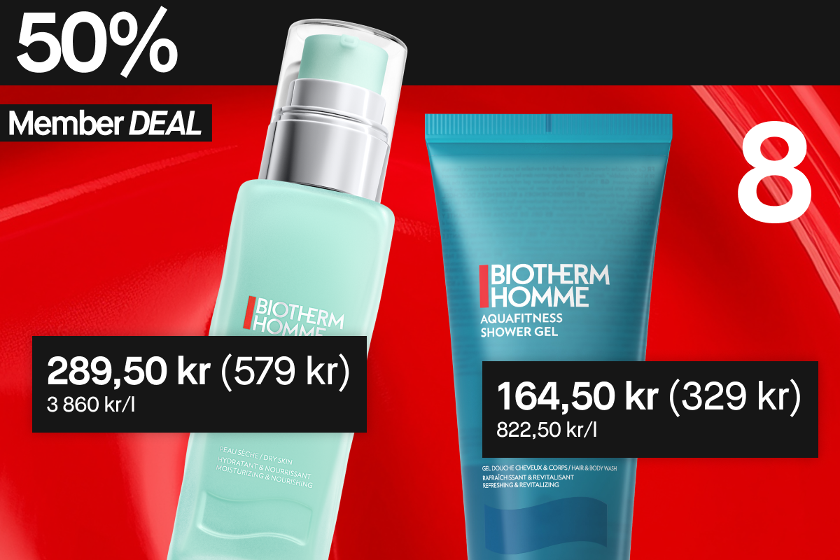 50 % rabatt på disse to Biotherm Homme-produktene for medlemmer: Aquapower Gel og Aquafitness Shower Gel.