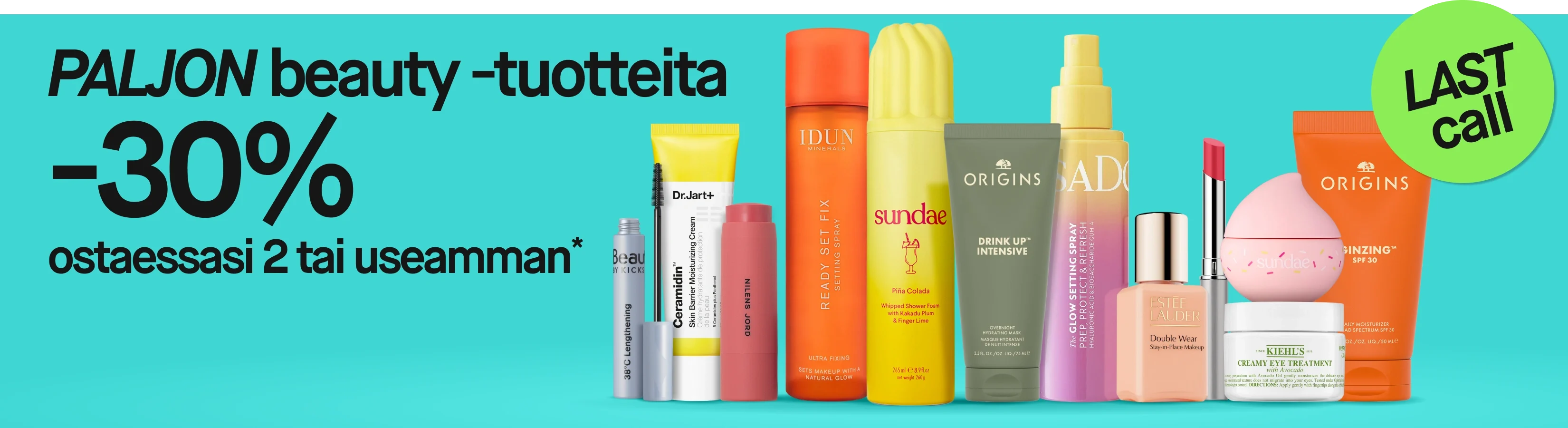 Kampanjakuva, jossa näkyvät tekstit "MASSOR av beauty 30% vid köp av 2 eller fler*", "Mixa fritt!" ja "LAST call". Kuvassa näkyy kauneustuotteita muun muassa merkeiltä BeautyAct, Dr.Jart+, Nilens Jord, IDUN Minerals, SUNDAYE, Origins, SADA, Estée Lauder ja Kiehl's, ja pakkauksissa näkyvät tuotenimet.