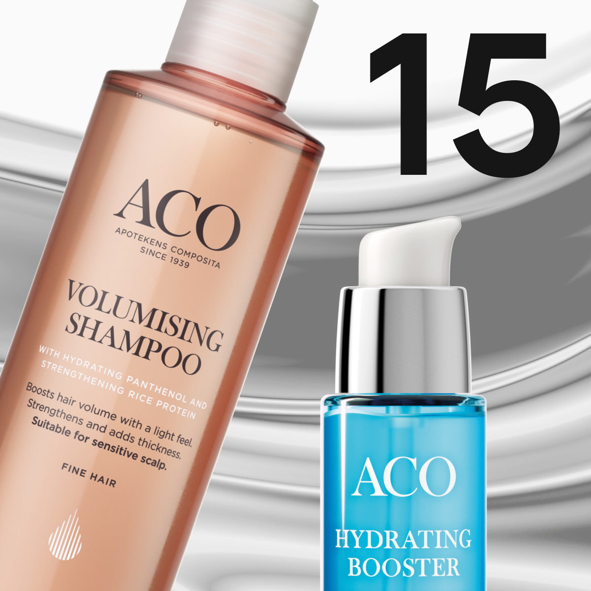 Ett bronsfärgat schampo och ett blått serum från ACO mot metallisk bakgrund.