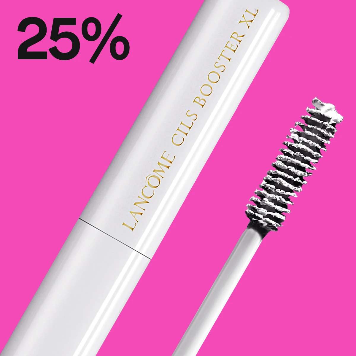 Lancôme Cils Booster XL mascara primer med hvit kropp og hvit børste, mot en rosa bakgrunn med teksten "25%" i svart.