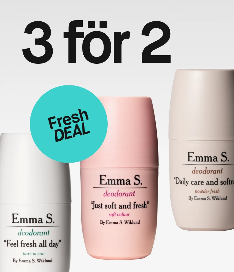 Tre Emma S. deodoranter med texten 'Emma S. deodoranter 3 för 2' och en turkos cirkel med texten 'Fresh DEAL'.