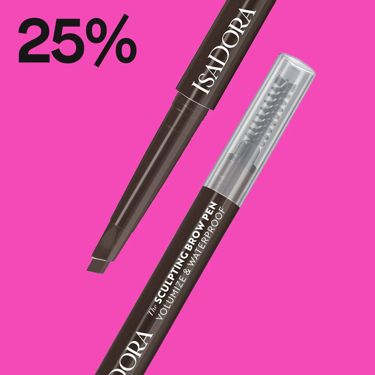 Isadora eyeliner med hvit kropp og svart spiss, mot en rosa bakgrunn med teksten "25%" i svart.