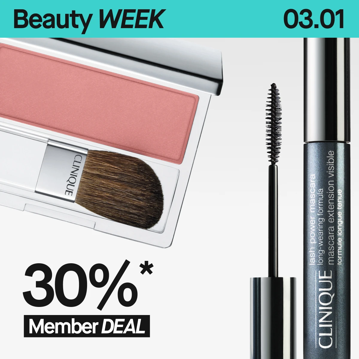 “Clinique Powder Blush i rosa nyanse med børste kombinert med Clinique Lash Power Mascara på lys bakgrunn.”