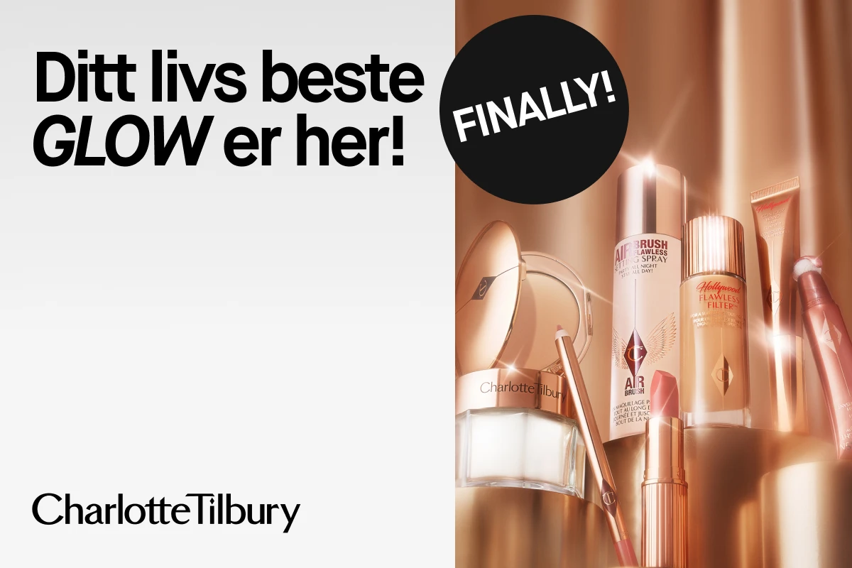 bestselgende produkter fra charlotte tilbury som er duset ut og gyllne farger. Tekst på lys grå bakgrunn med ditt livs beste glow er her.