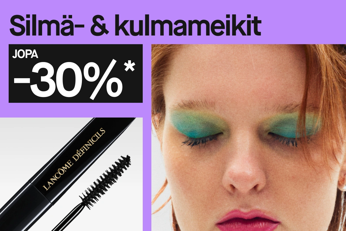 Teksti “Ögon- & brynmakeup UPP TILL 30%*” näkyy Lancôme Définicils -ripsivärin ja henkilön kanssa, jolla on vihreä luomiväri ja pinkki huulipuna.