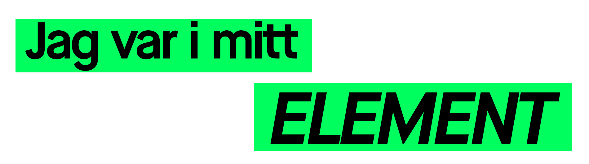 Grön och svart grafisk textbanner med texten ”Jag var i mitt ELEMENT” i versaler på vit bakgrund.