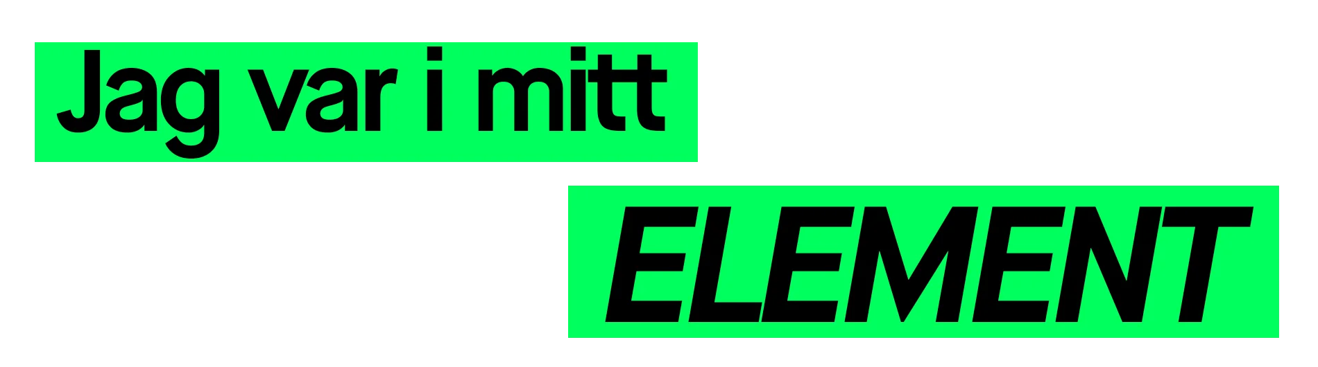 Grön och svart grafisk textbanner med texten ”Jag var i mitt ELEMENT” i versaler på vit bakgrund.
