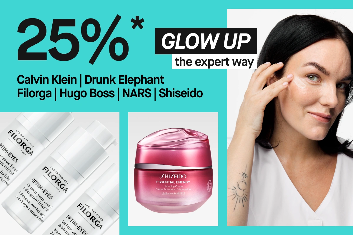 Turkis kampanjebilde med teksten “-25%*” og merkene “Calvin Klein | Drunk Elephant | Filorga | Hugo Boss | NARS | Shiseido”. Synlige produkter inkluderer Filorga Optim-Eyes øyekrem og Shiseido Essential Energy Hydrating Cream sammen med en person som påfører hudpleie under øyet.