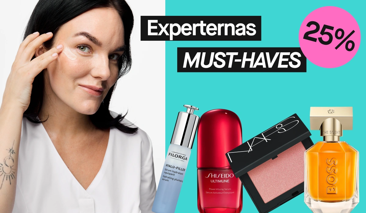 Person som applicerar hudvårdskräm under ögat mot ljus bakgrund. Intill syns produkter från Filorga, Shiseido, NARS och Hugo Boss samt texten “Experternas MUST-HAVES” och en rosa cirkel med texten “25%”. Synlig produkttext inkluderar “HYAL-FILLER”, “SHISEIDO ULTIMUNE”, “NARS”, “BOSS” och “THE SCENT”.