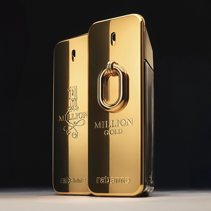 Parfymen Million Gold framför en svart bakgrund.