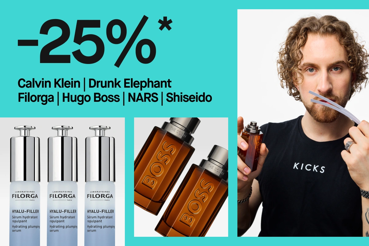Turkoosi kampanjakuva tekstillä “25%*”, “GLOW UP the expert way” ja brändeillä “Calvin Klein | Drunk Elephant | Filorga | Hugo Boss | NARS | Shiseido”. Näkyvissä tuotteissa ovat Filorga Hyalu-Filler -seerumi ja Hugo Boss The Scent -hajuvesi sekä henkilö pitämässä hajuvesipulloa ja tuoksuliuskoja.