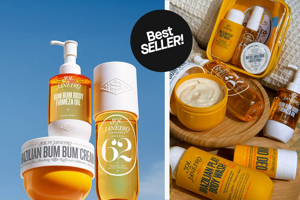 Sol de Janeiron tuotteita, mukaan lukien Bum Bum Body Oil, Brazilian Bum Bum Cream ja Cheirosa 62. Musta tarra, jossa lukee "Best SELLER!".