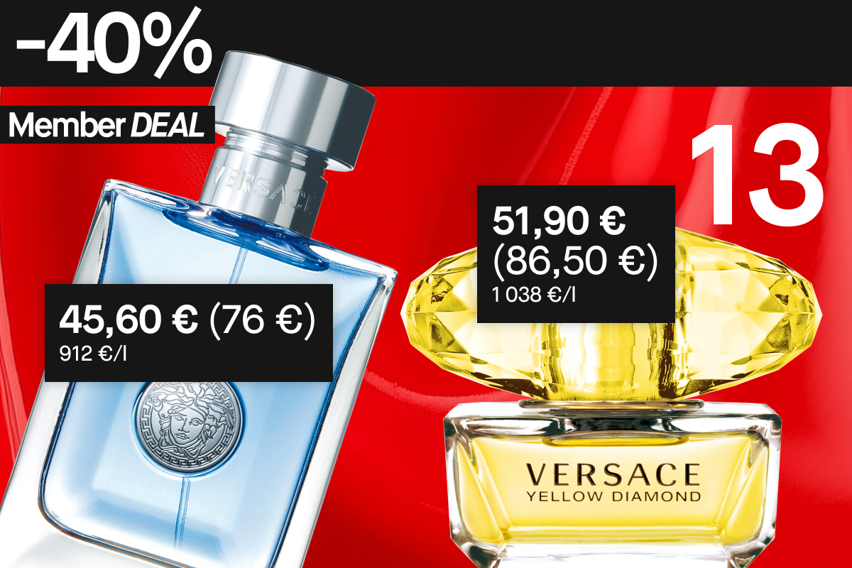 40 % alennus näistä kahdesta Versace-tuoksusta jäsenille: sininen pullo ja keltainen Yellow Diamond pullo.
