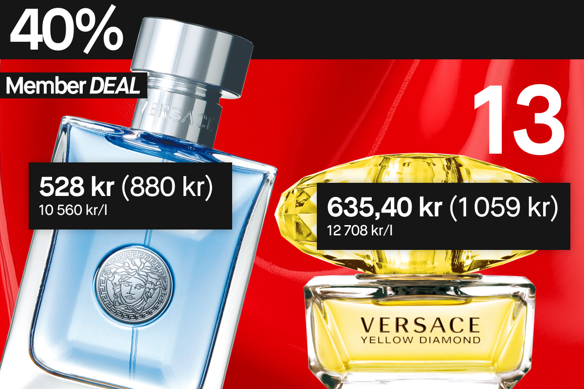 40 % rabatt på disse to Versace-parfymene for medlemmer: blå flaske og gul Yellow Diamond flaske.