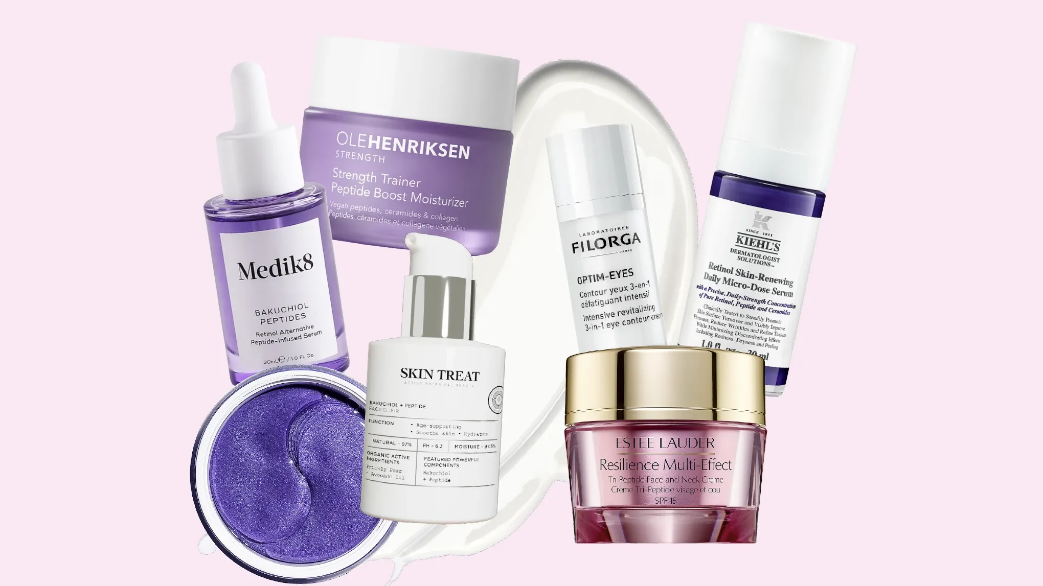 Erilaisia peptidiä sisältäviä ihonhoitotuotteita merkeiltä kuten Medik8, Ole Henriksen, Filorga, Kiehl’s, Skin Treat ja Estée Lauder, vaaleanpunaisella taustalla