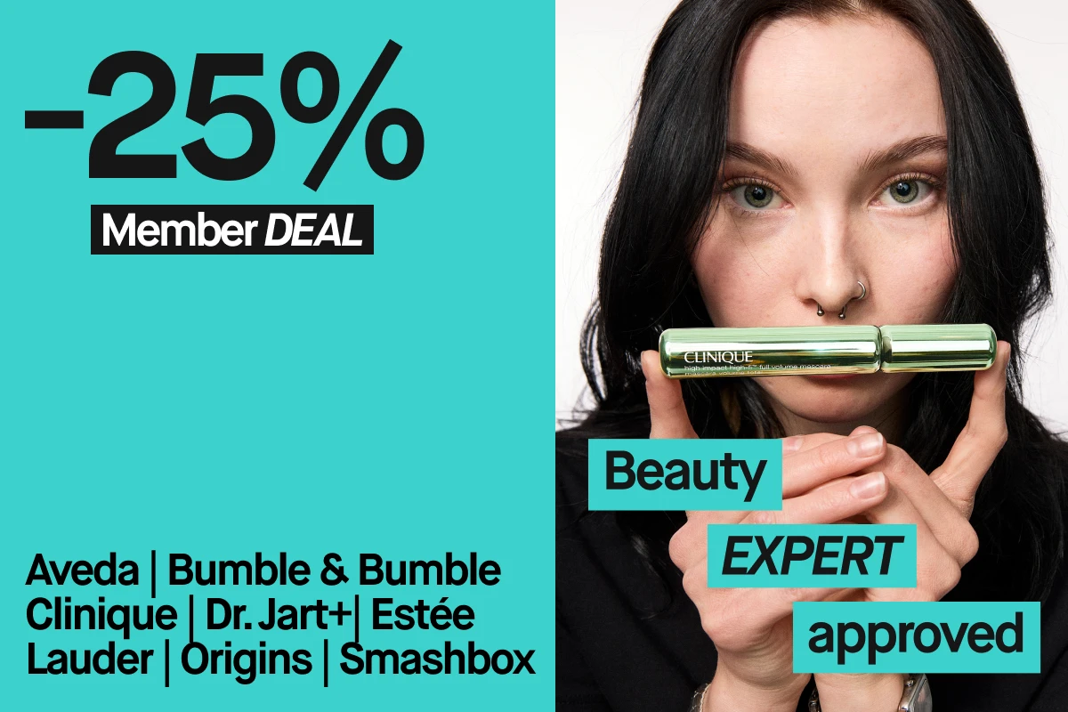 Kuva, jossa mainostetaan -25% jäsenetua kauneustuotteista. Kuvassa näkyy teksti "Beauty Expert Approved" ja listaus tuotemerkeistä: Aveda, Bumble & Bumble, Clinique, Dr.Jart+, Estée Lauder, Origins, Smashbox.