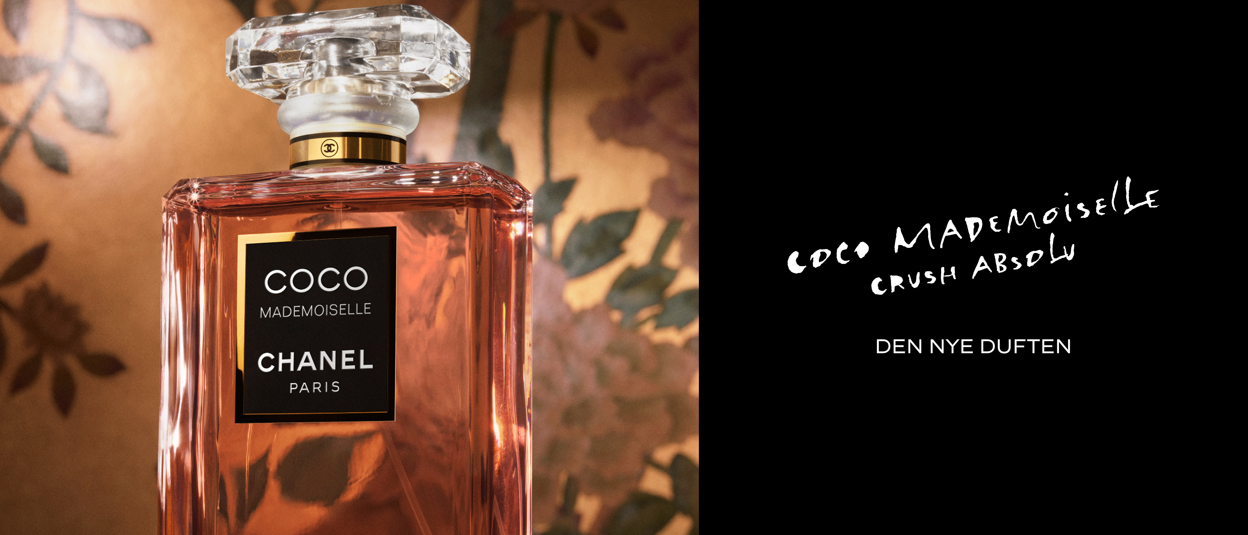 Chanel Coco Mademoiselle Crush Absolu-parfyme. Bildet inneholder tekst om den nye duften.