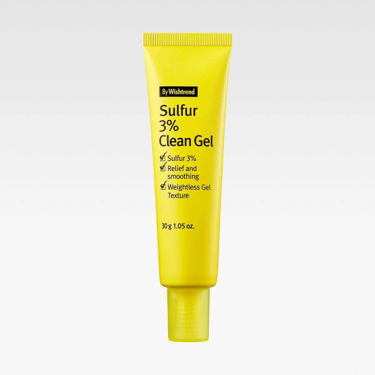 Gul tube By Wishtrend Sulfur 3% Clean Gel med tekst “Relief and smoothing” og “30 g / 1.05 oz.”