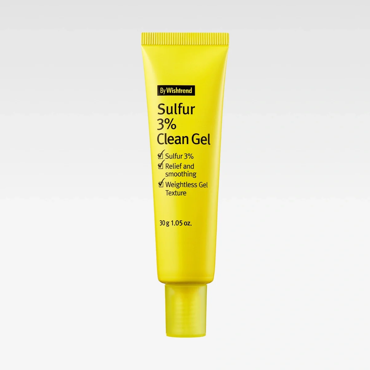 Gul tub By Wishtrend Sulfur 3% Clean Gel med text “Relief and smoothing” och “30 g / 1.05 oz.”
