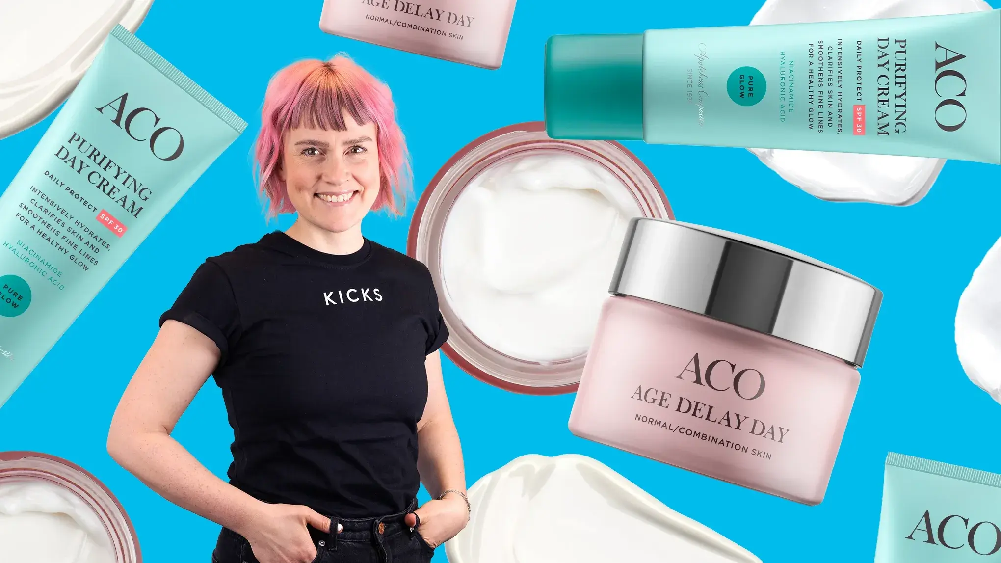 KICKS-medarbetare med rosa hår framför blå bakgrund omgiven av ACO-ansiktskrämer.