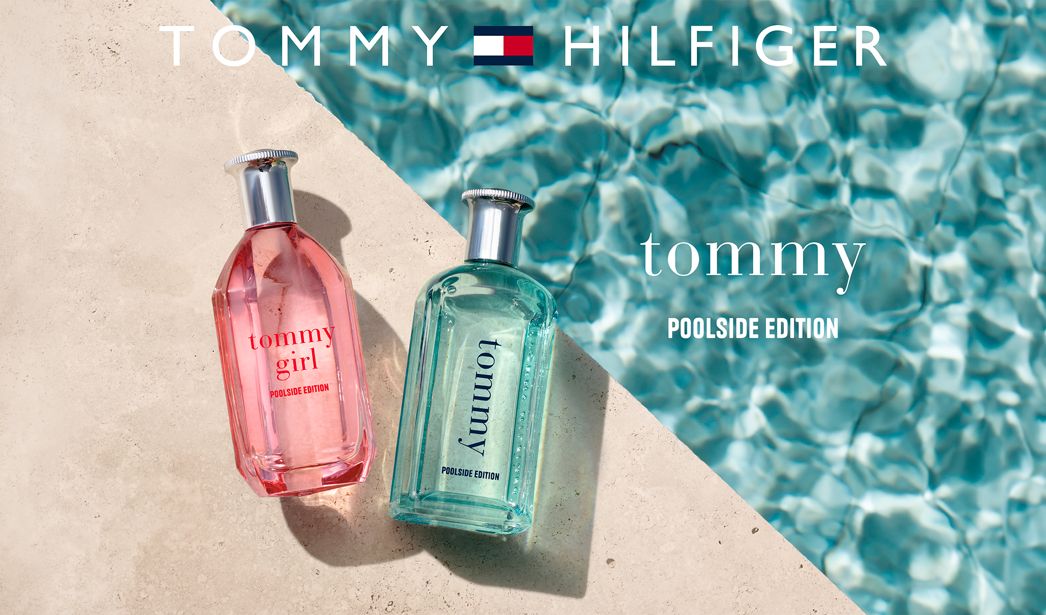 Tommy Hilfiger Tommy Girl ja Tommy Poolside Edition -tuoksupullot altaan reunalla kirkkaan veden vieressä.
