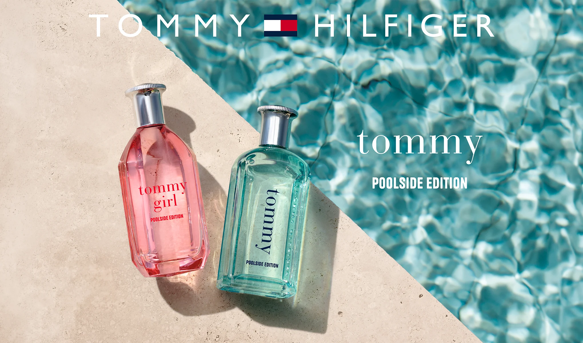 Tommy Hilfiger Tommy Girl och Tommy Poolside Edition parfymflaskor vid kanten av en pool med klart vatten.