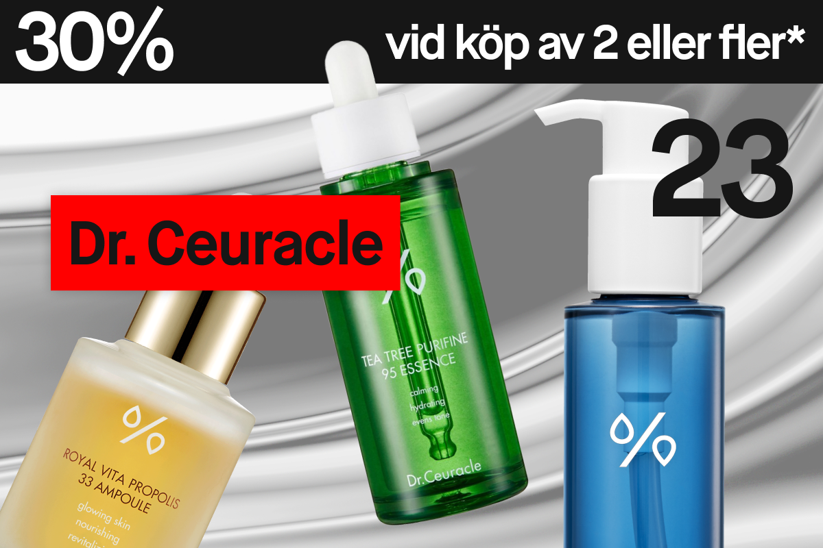 Hudvårdsprodukter från Dr. Ceuracle – Royal Vita Propolis Ampoule, Tea Tree Essence och Cleansing Oil – mot silvergrå bakgrund med text “30% vid köp av 2”.