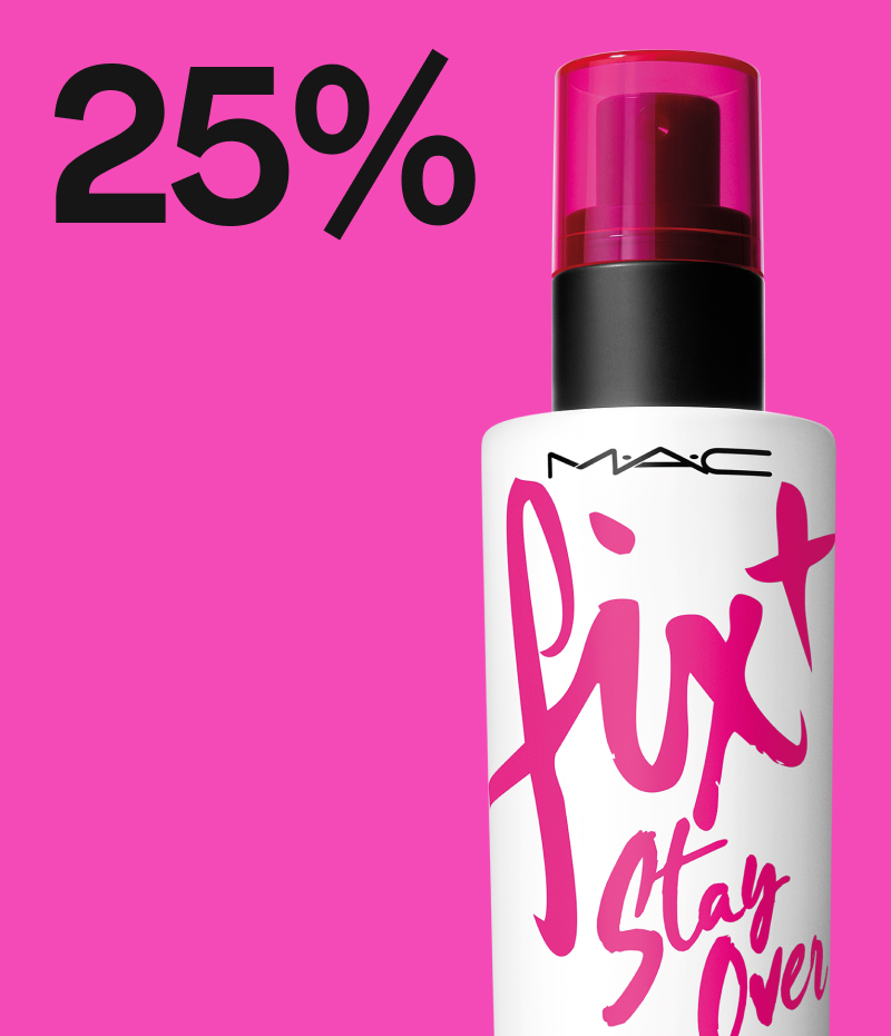 MAC sminkeprodukt med 25% rabatt på rosa bakgrunn