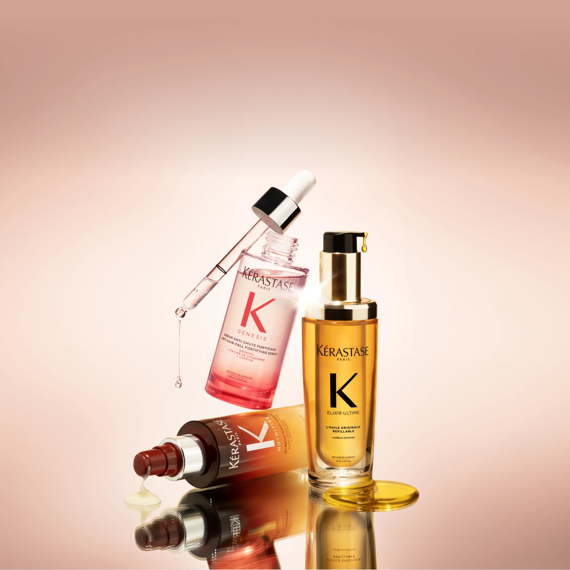 Kérastase hårprodukter: Genesis Anti-Hair-Fall serum, Elixir Ultime olje og Nutritive Night serum, med dråper.