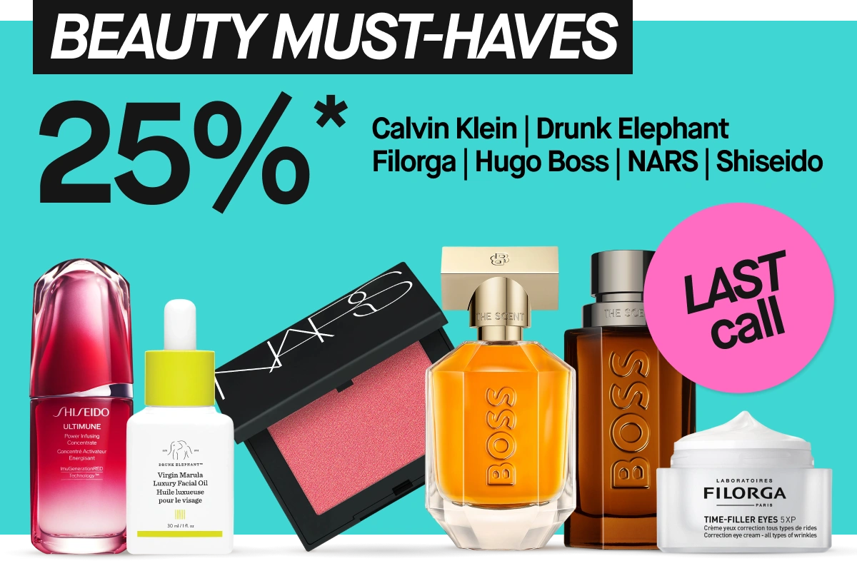 Kampanjebilde med teksten “25%*” og “Last call” samt merkevarene Calvin Klein, Drunk Elephant, Filorga, Hugo Boss, NARS og Shiseido. Filorga Optim-Eyes øyekrem og Shiseido Essential Energy Hydrating Cream vises sammen med en person som påfører øyekrem på huden.