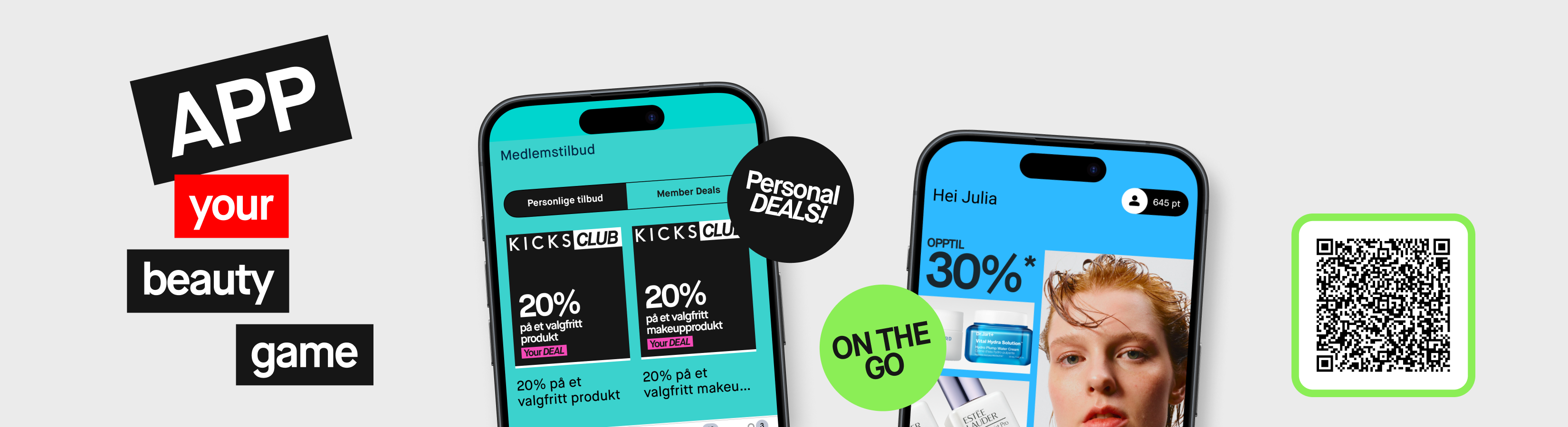 To mobiltelefoner som viser personlige tilbud og Member Deals i KICKS-appen. Ved siden av vises en QR-kode til appen.