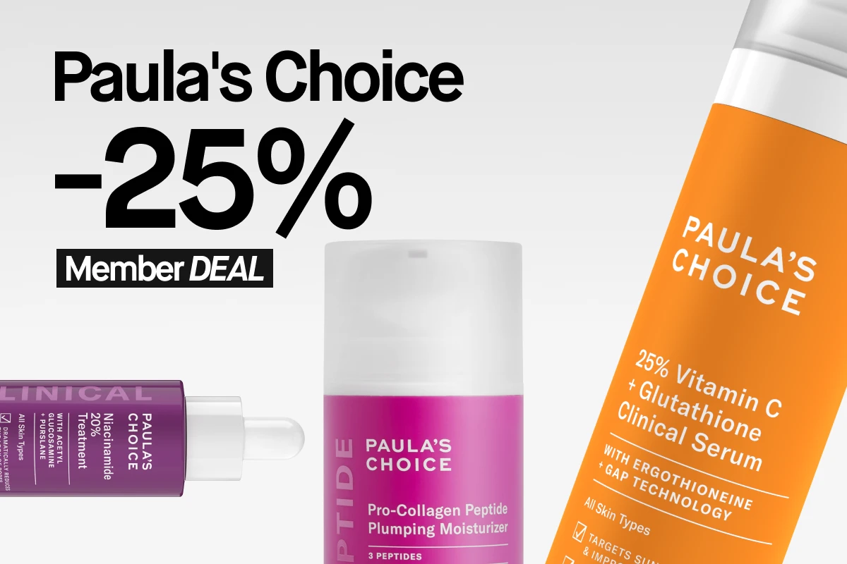 Paula's Choice -25% Member Deal. Kuvassa näkyy kolme Paula's Choice -tuotetta: Niacinamide 20% Treatment, Pro-Collagen Peptide Plumping Moisturizer ja 25% Vitamin C + Glutathione Clinical Serum.